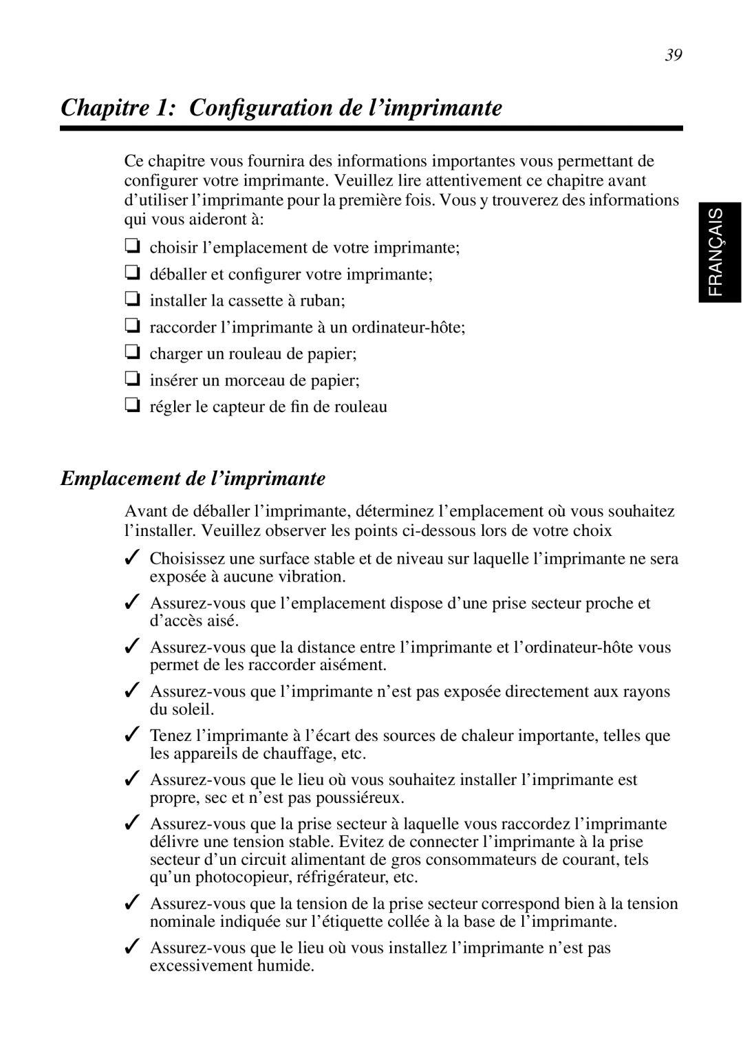 Star Micronics SCP700 user manual Chapitre 1 Conﬁguration de l’imprimante, Emplacement de l’imprimante 