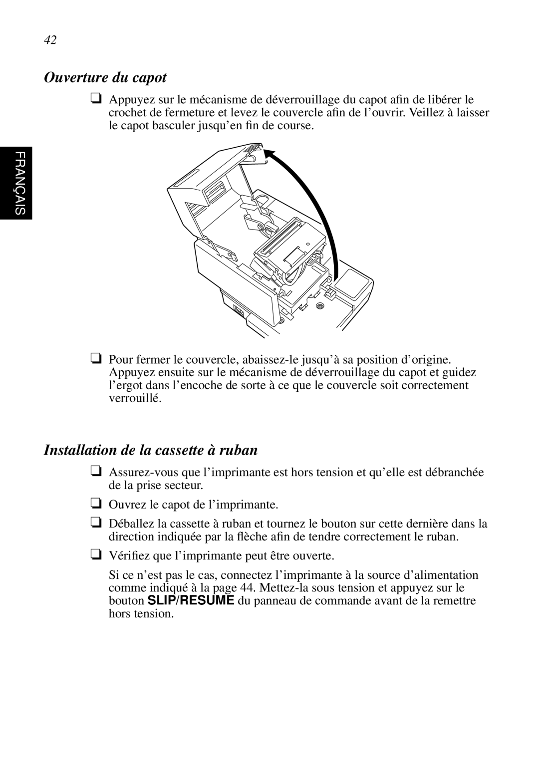 Star Micronics SCP700 user manual Ouverture du capot, Installation de la cassette à ruban 