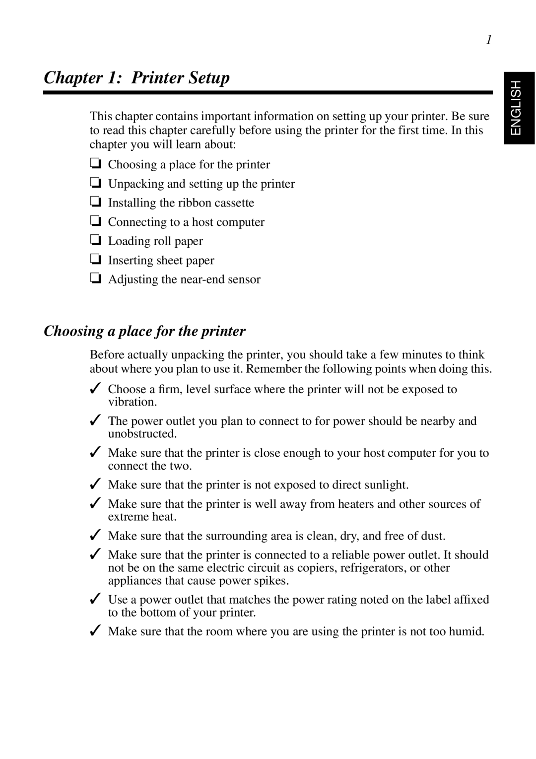 Star Micronics SCP700 user manual Printer Setup, Choosing a place for the printer 