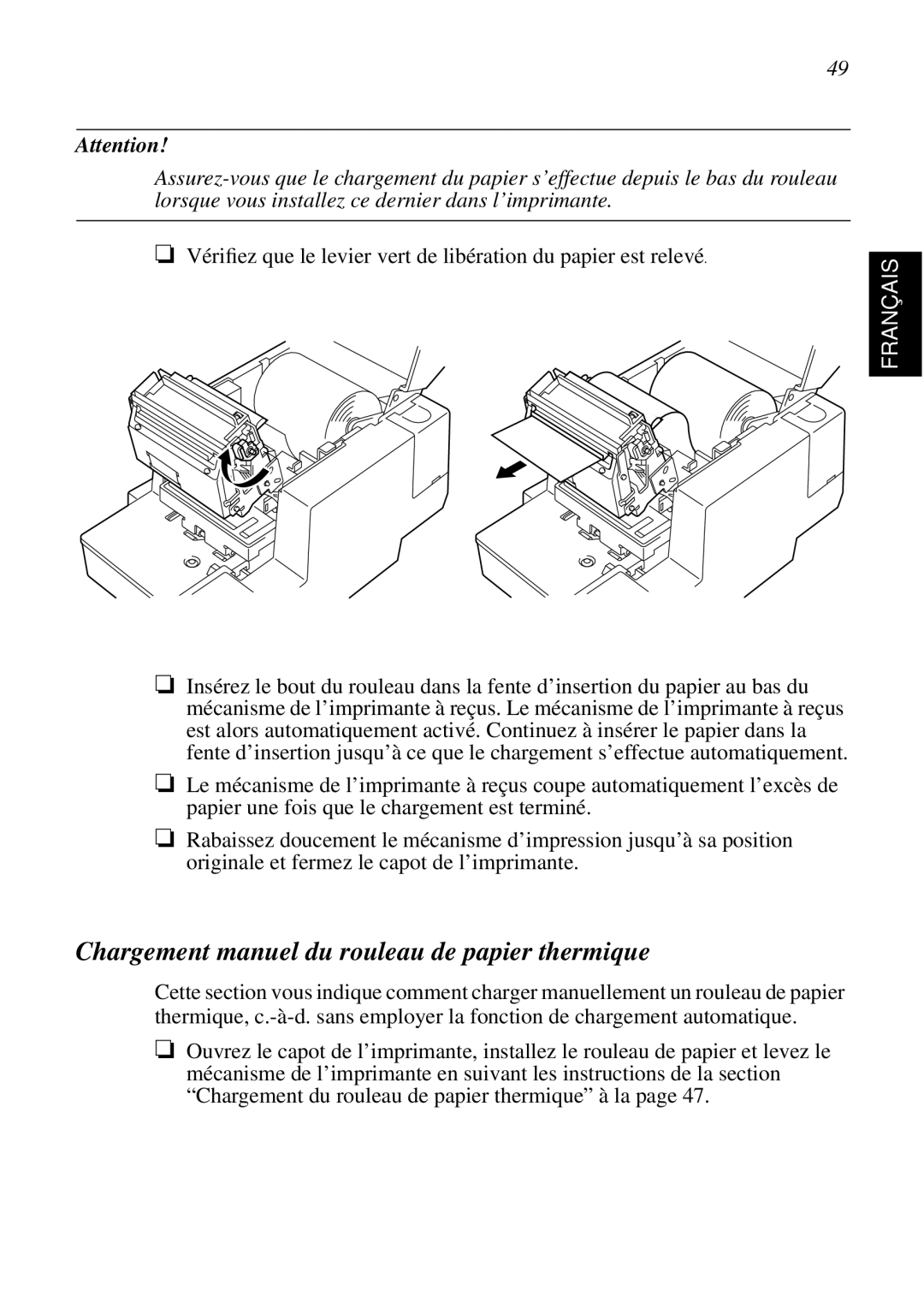 Star Micronics SCP700 user manual Chargement manuel du rouleau de papier thermique 