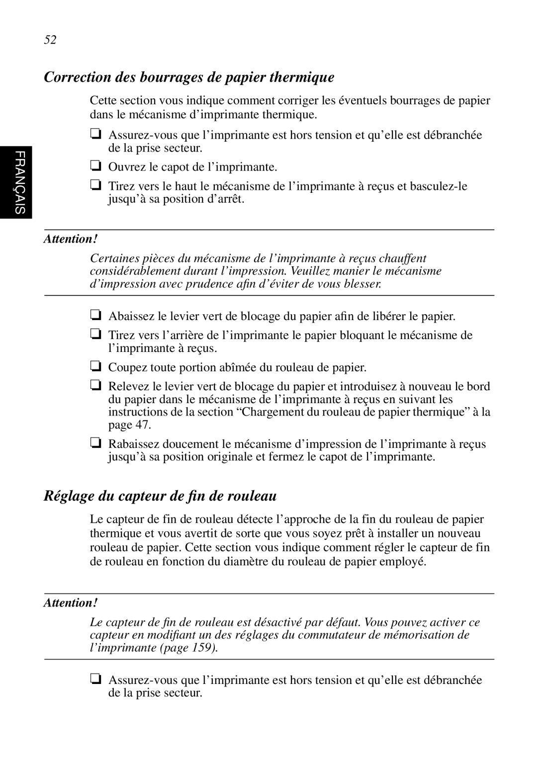 Star Micronics SCP700 user manual Correction des bourrages de papier thermique, Réglage du capteur de ﬁn de rouleau 