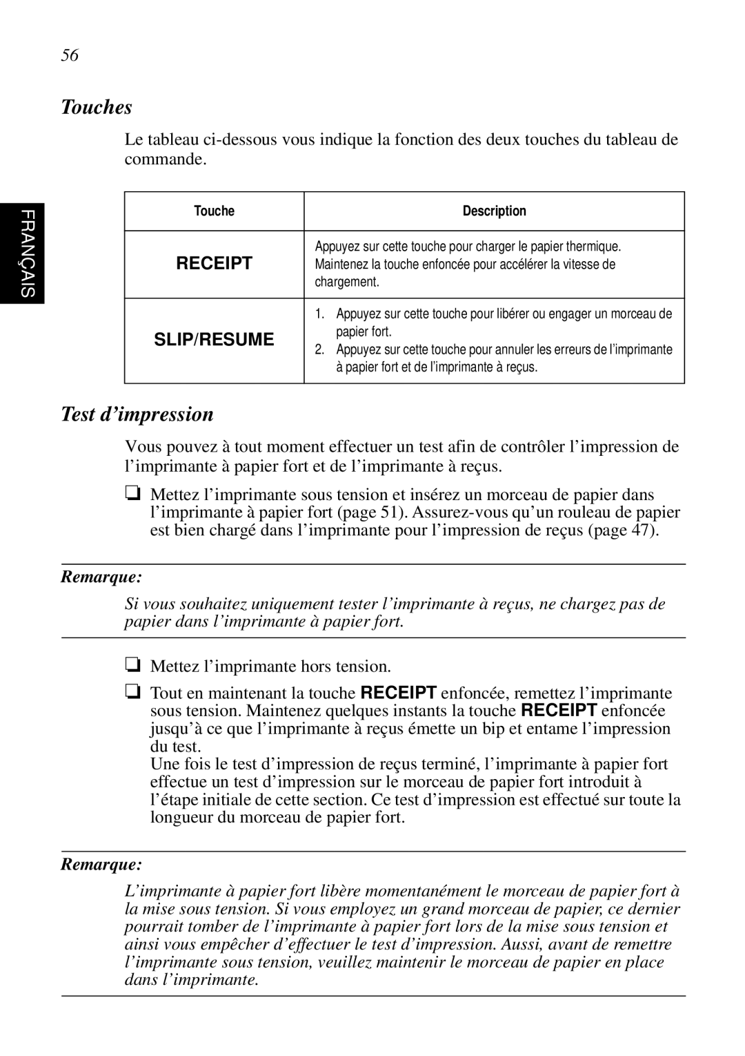 Star Micronics SCP700 user manual Touches, Test d’impression 