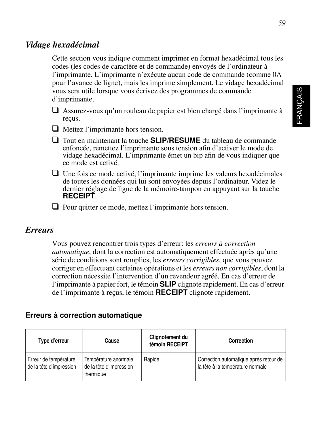 Star Micronics SCP700 user manual Vidage hexadécimal, Erreurs à correction automatique 