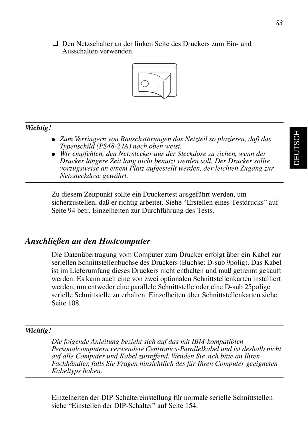 Star Micronics SCP700 user manual Anschließen an den Hostcomputer, Wichtig 