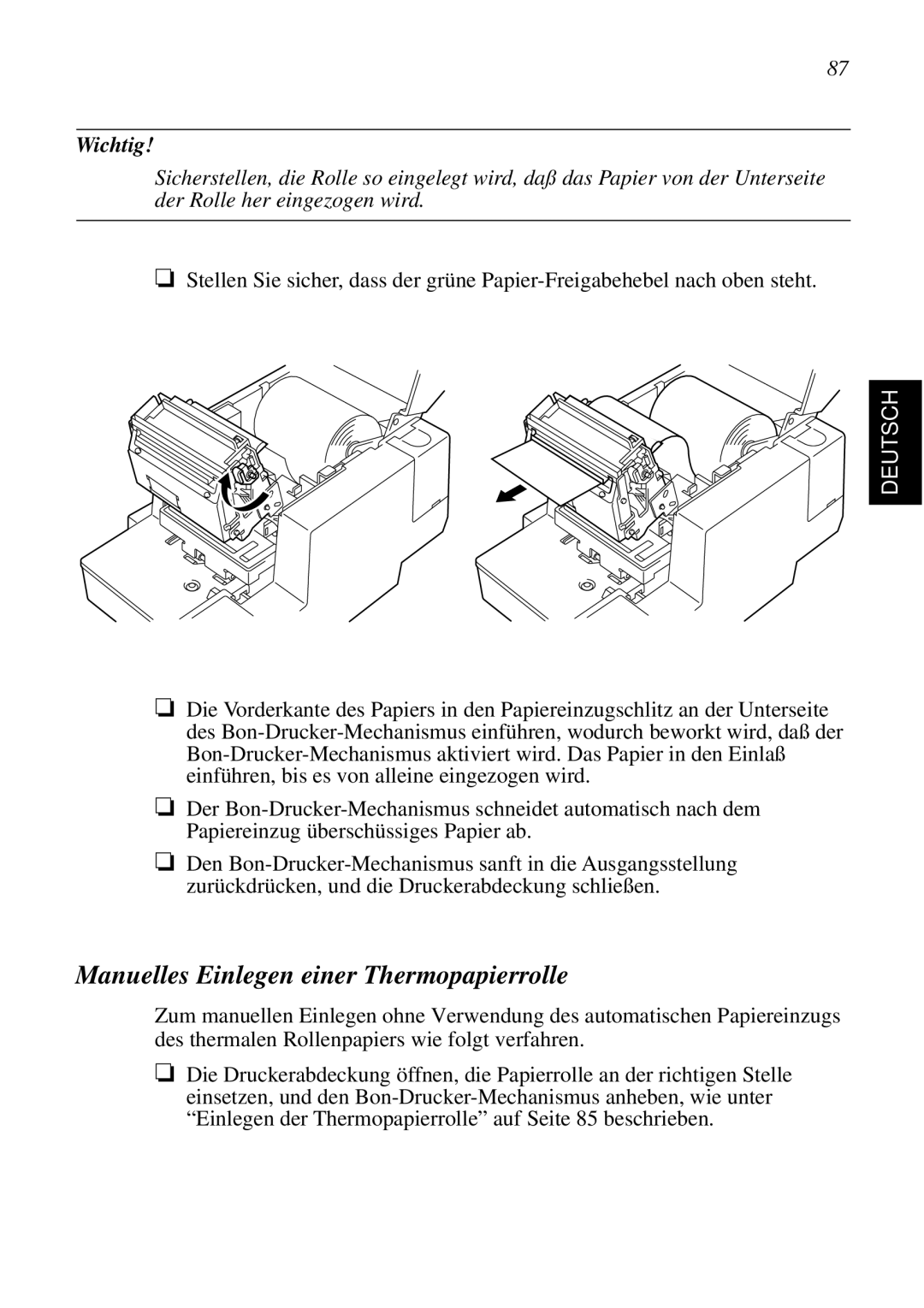 Star Micronics SCP700 user manual Manuelles Einlegen einer Thermopapierrolle 