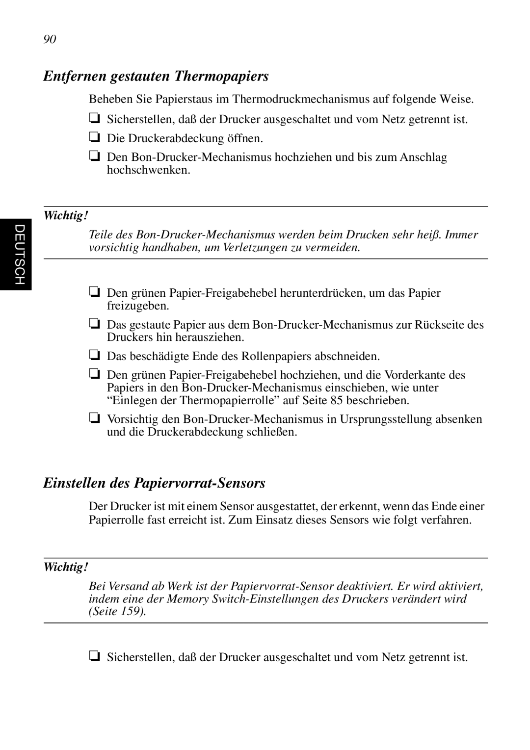 Star Micronics SCP700 user manual Entfernen gestauten Thermopapiers, Einstellen des Papiervorrat-Sensors 