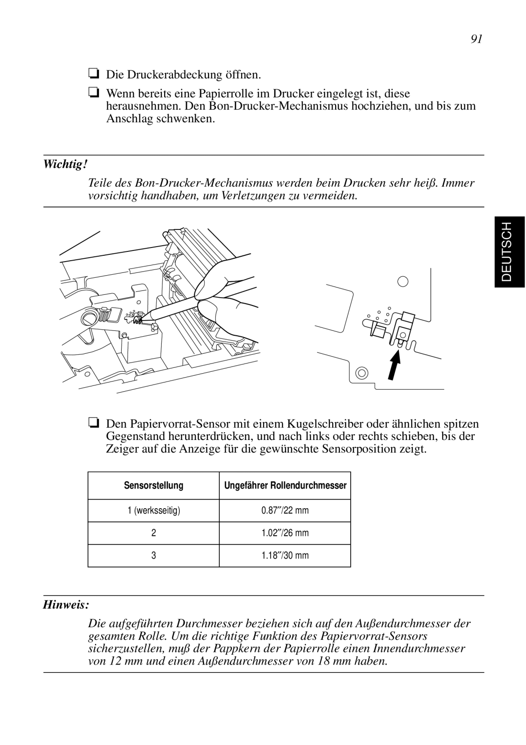 Star Micronics SCP700 user manual Sensorstellung 