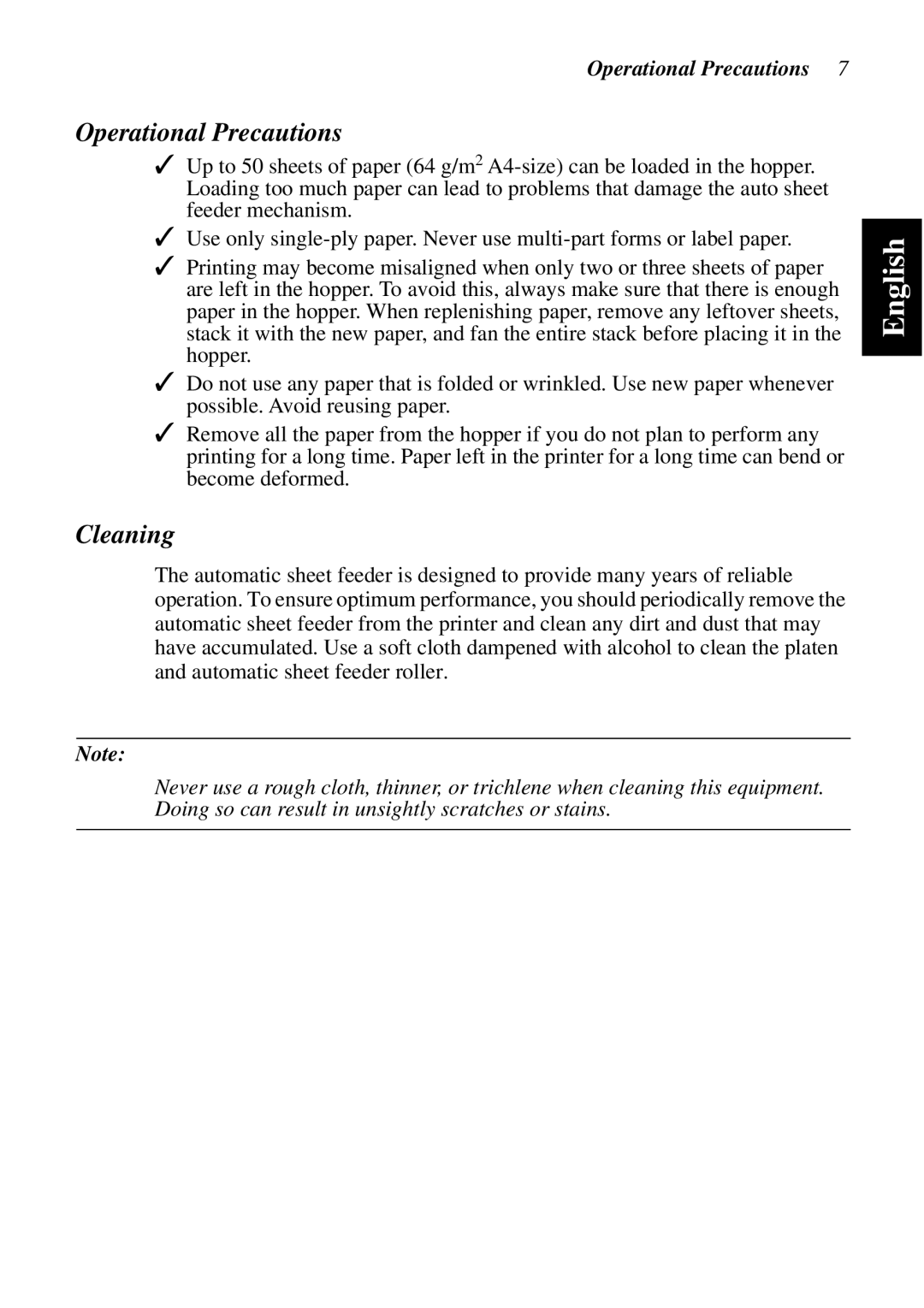 Star Micronics SF-15HA user manual Operational Precautions, Cleaning 