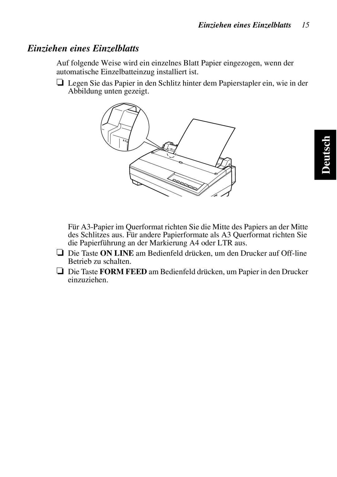 Star Micronics SF-15HA user manual Einziehen eines Einzelblatts 