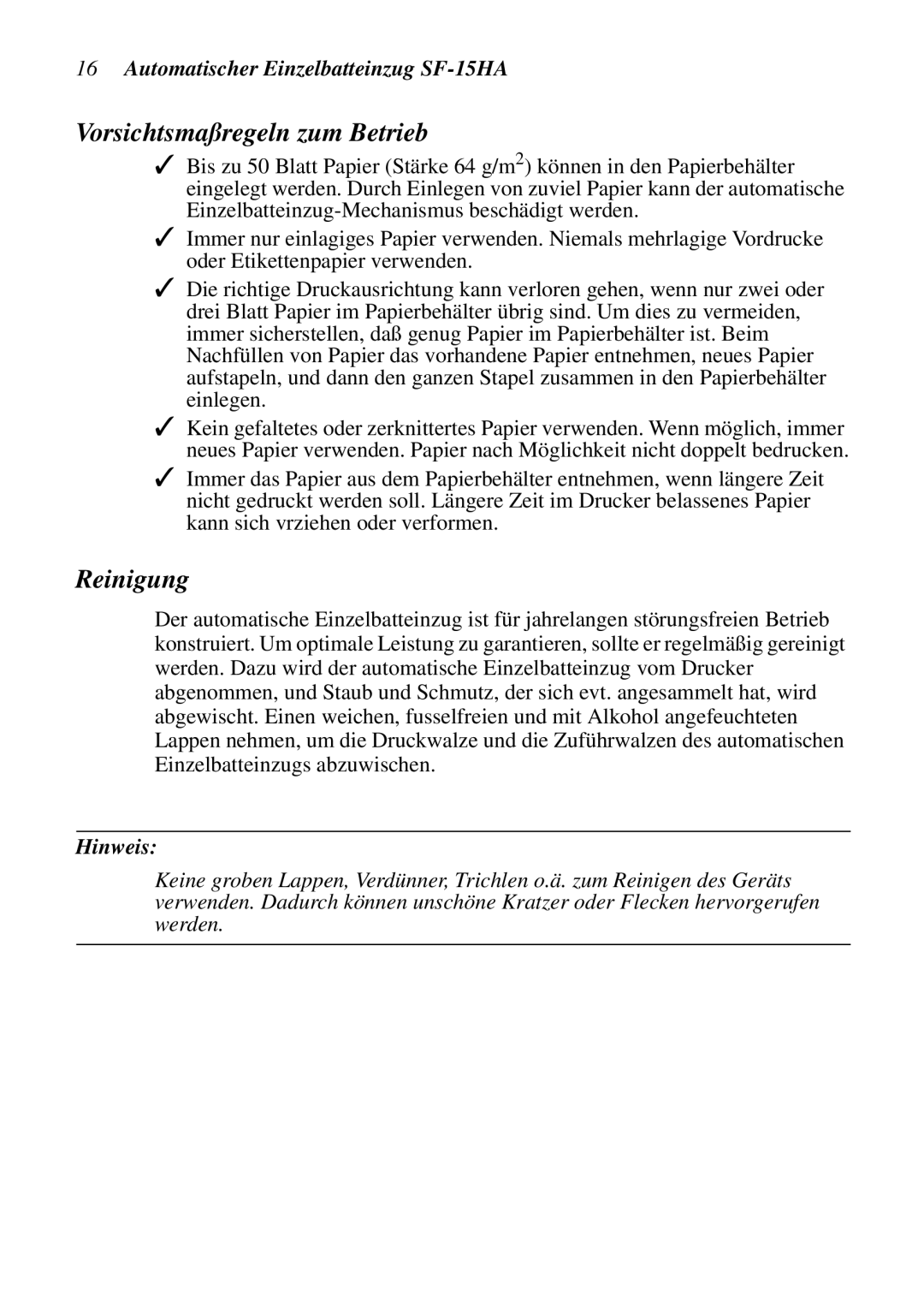 Star Micronics SF-15HA user manual Vorsichtsmaßregeln zum Betrieb, Reinigung 