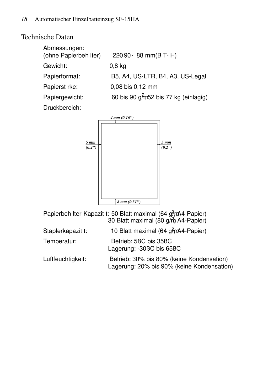 Star Micronics SF-15HA user manual Technische Daten 