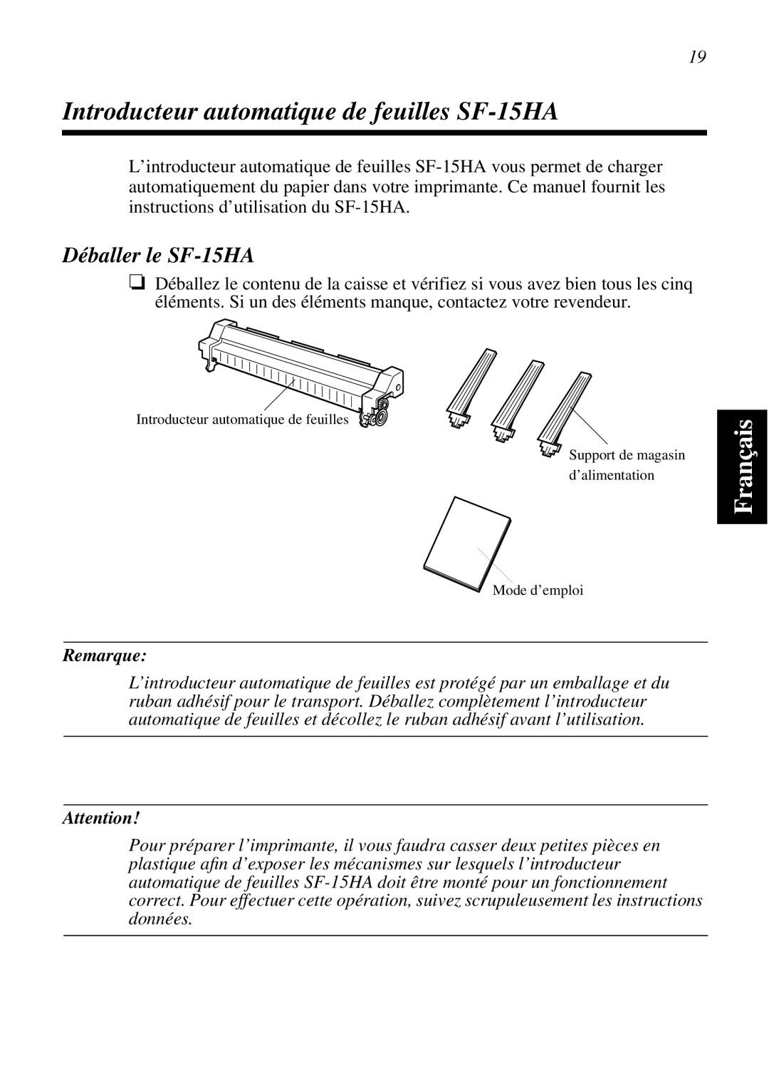 Star Micronics user manual Déballer le SF-15HA, Remarque 