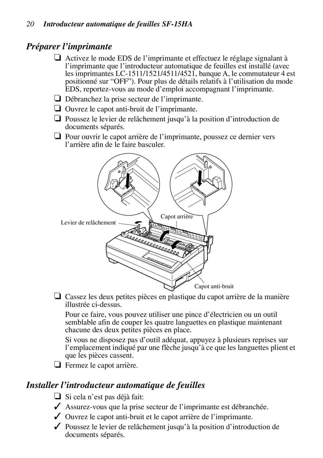 Star Micronics SF-15HA user manual Préparer l’imprimante, Installer l’introducteur automatique de feuilles 