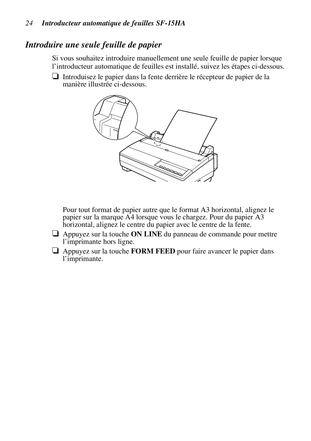 Star Micronics SF-15HA user manual Introduire une seule feuille de papier 