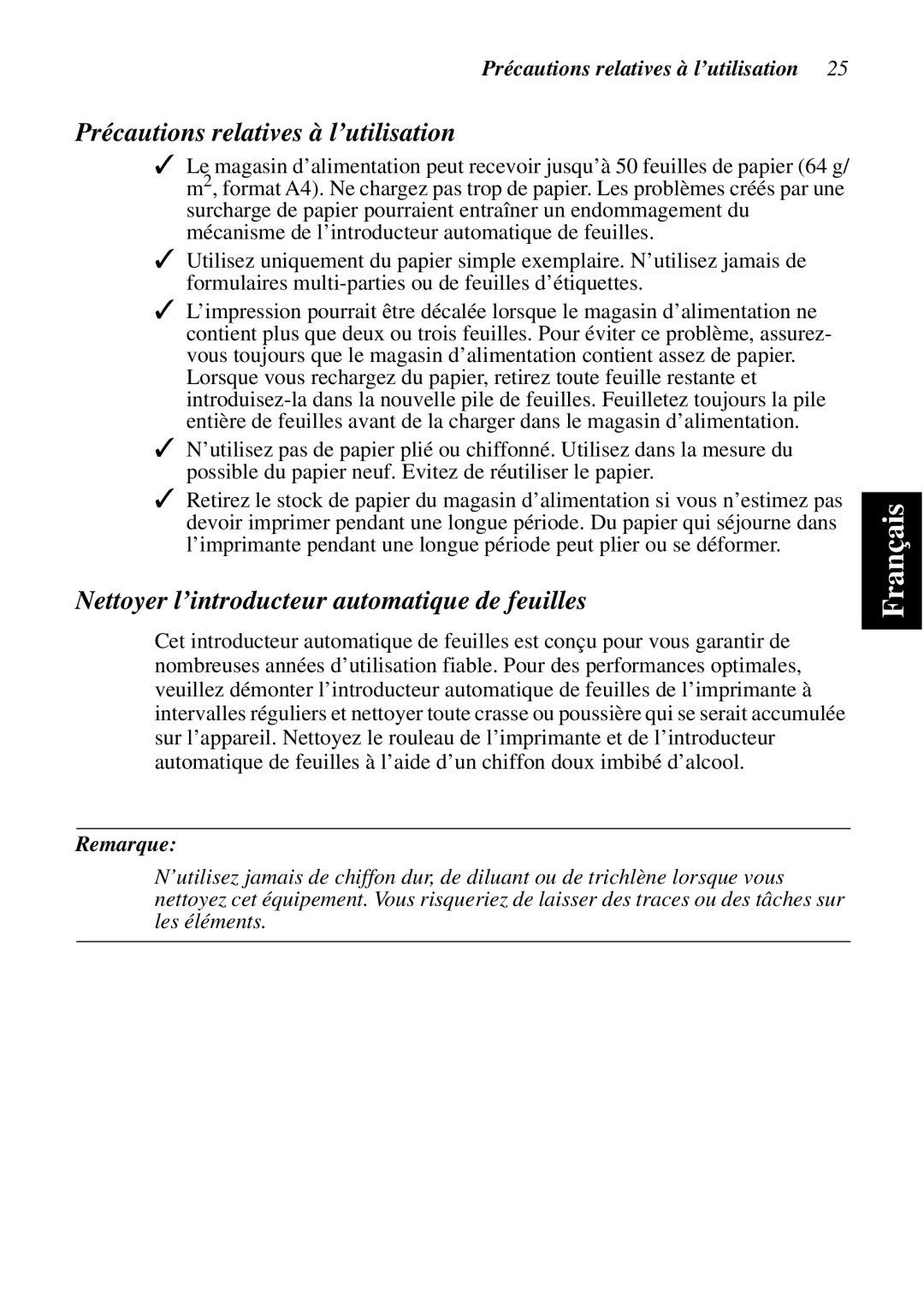 Star Micronics SF-15HA user manual Précautions relatives à l’utilisation, Nettoyer l’introducteur automatique de feuilles 