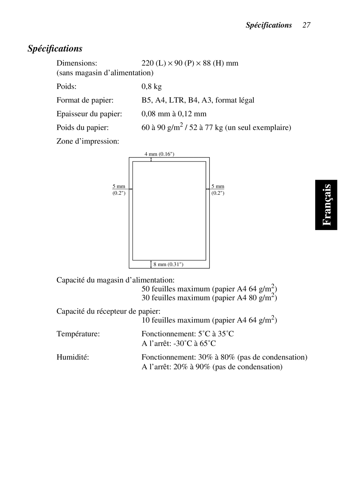 Star Micronics SF-15HA user manual Spéciﬁcations, Spécifications 