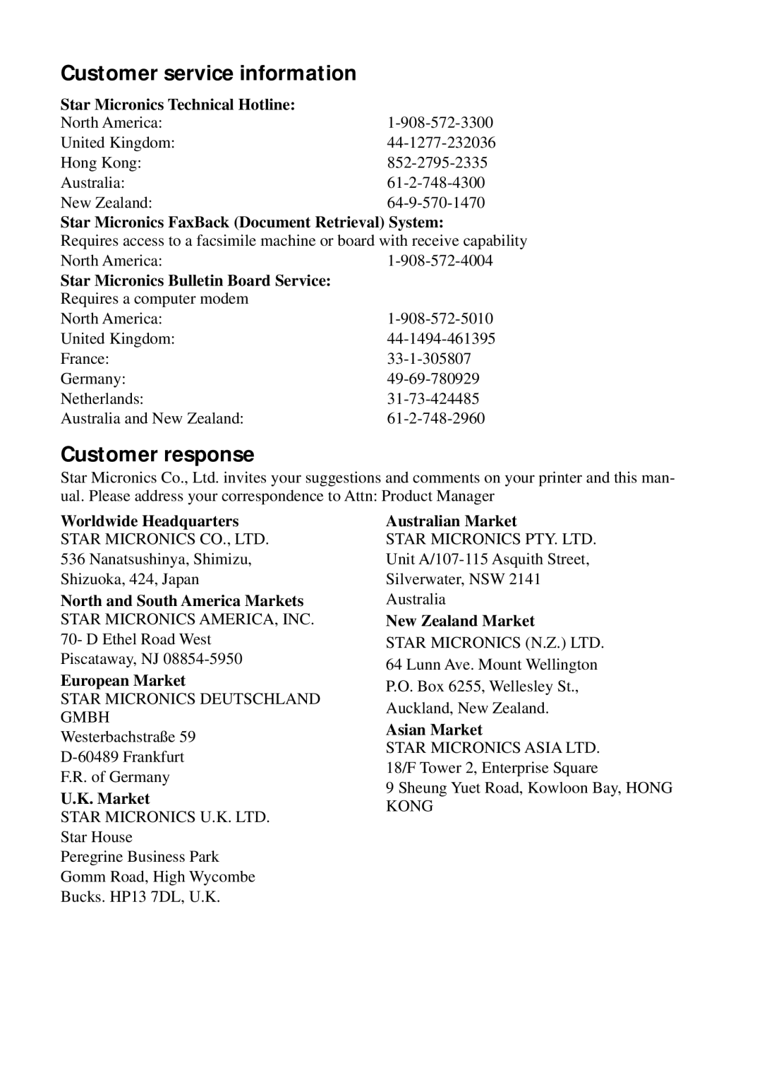 Star Micronics SF-15HA user manual Customer service information 