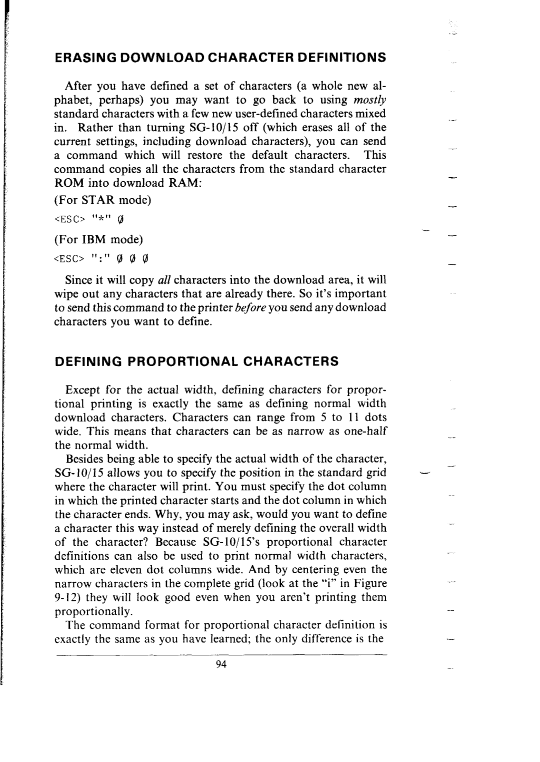 Star Micronics SG-15, SG-10 user manual Erasing Download Character Definitions, Defining Proportional Characters 