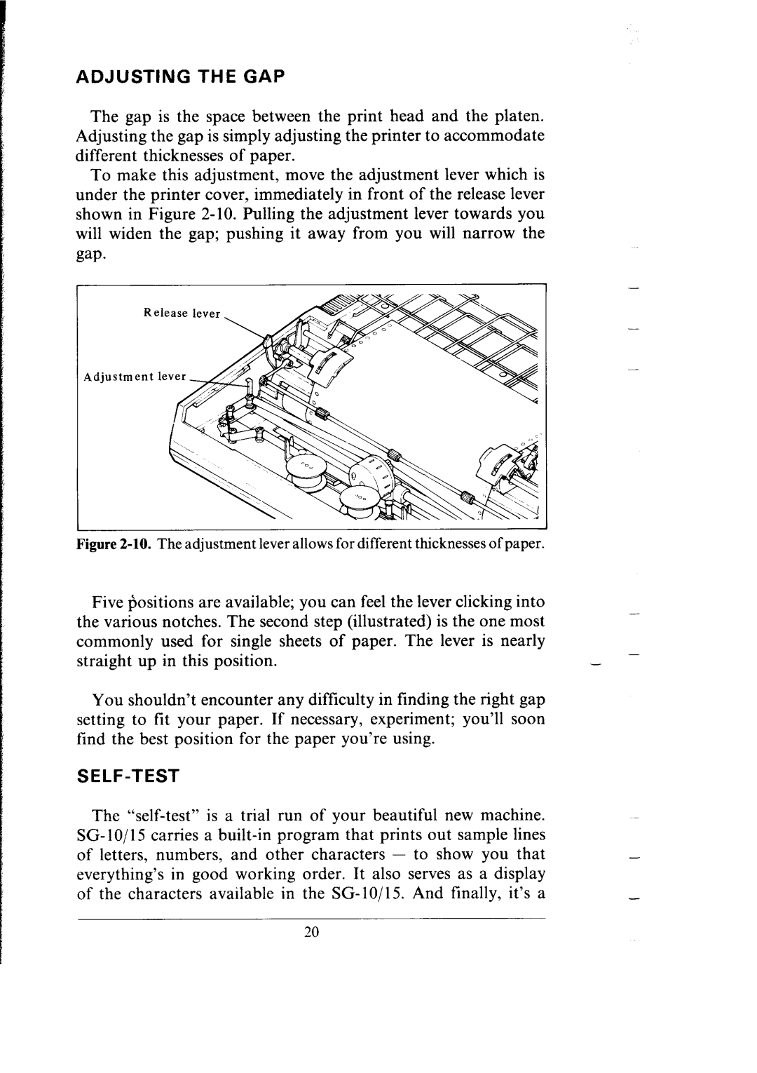 Star Micronics SG-15, SG-10 user manual Adjusting the GAP, Self-Test 