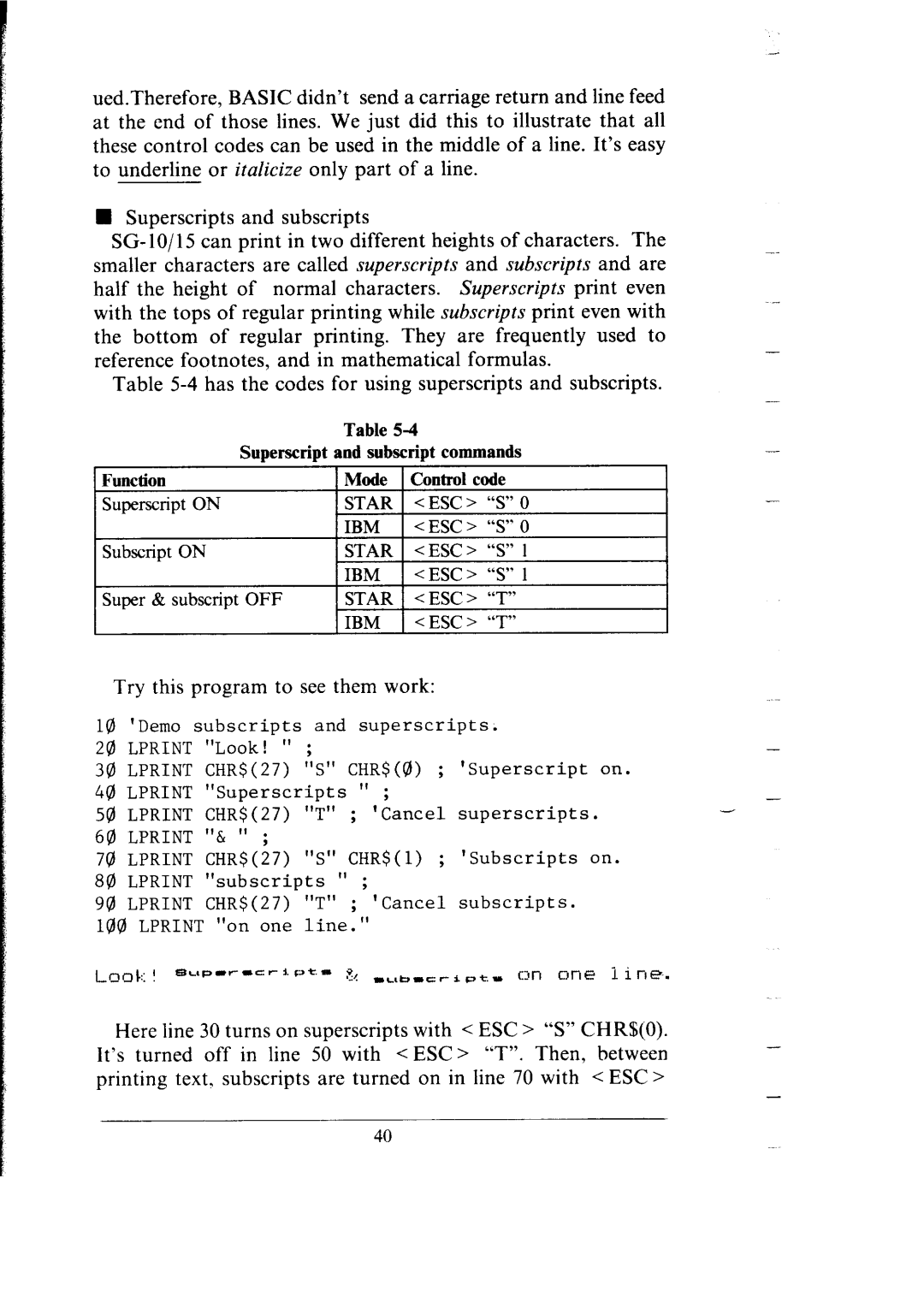 Star Micronics SG-15, SG-10 user manual Star ESC, Try this program to see them work 