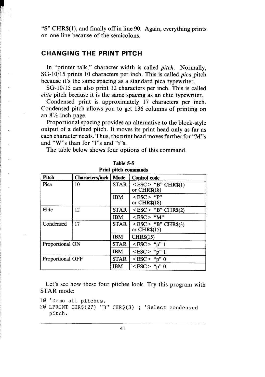 Star Micronics SG-10, SG-15 user manual Changing the Print Pitch, Ibm Chr$ 