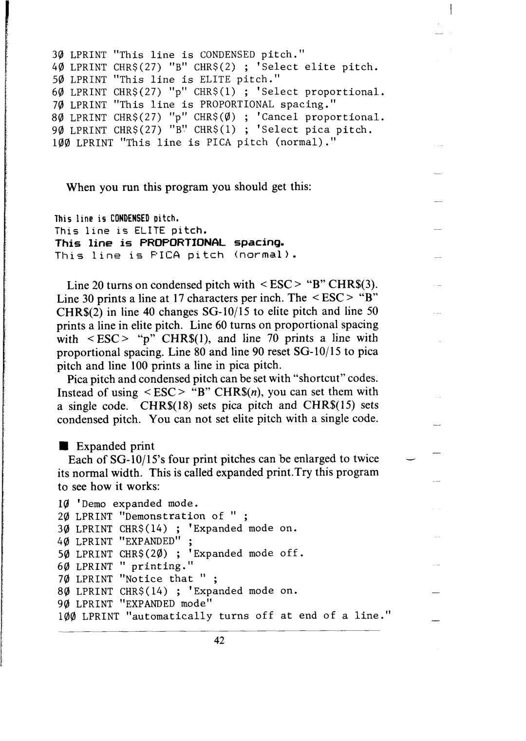 Star Micronics SG-15, SG-10 user manual When you run this program you should get this, Lprint Expanded 