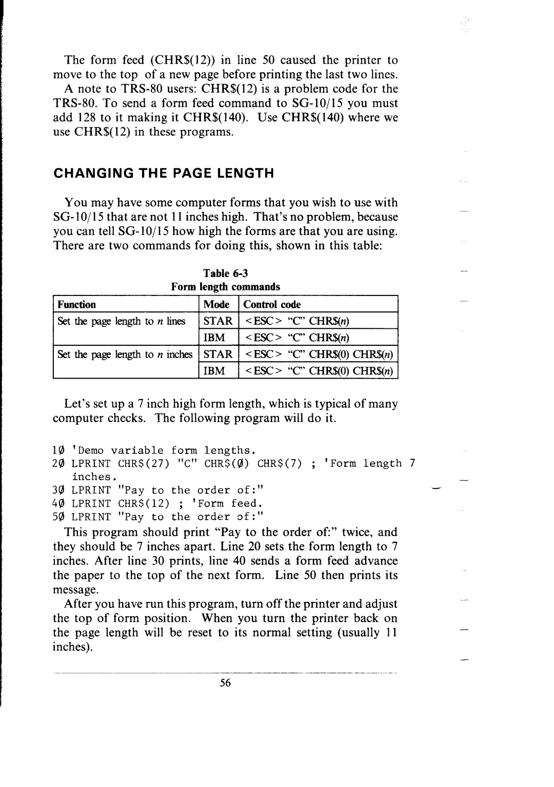 Star Micronics SG-15, SG-10 user manual Changing the page Length 