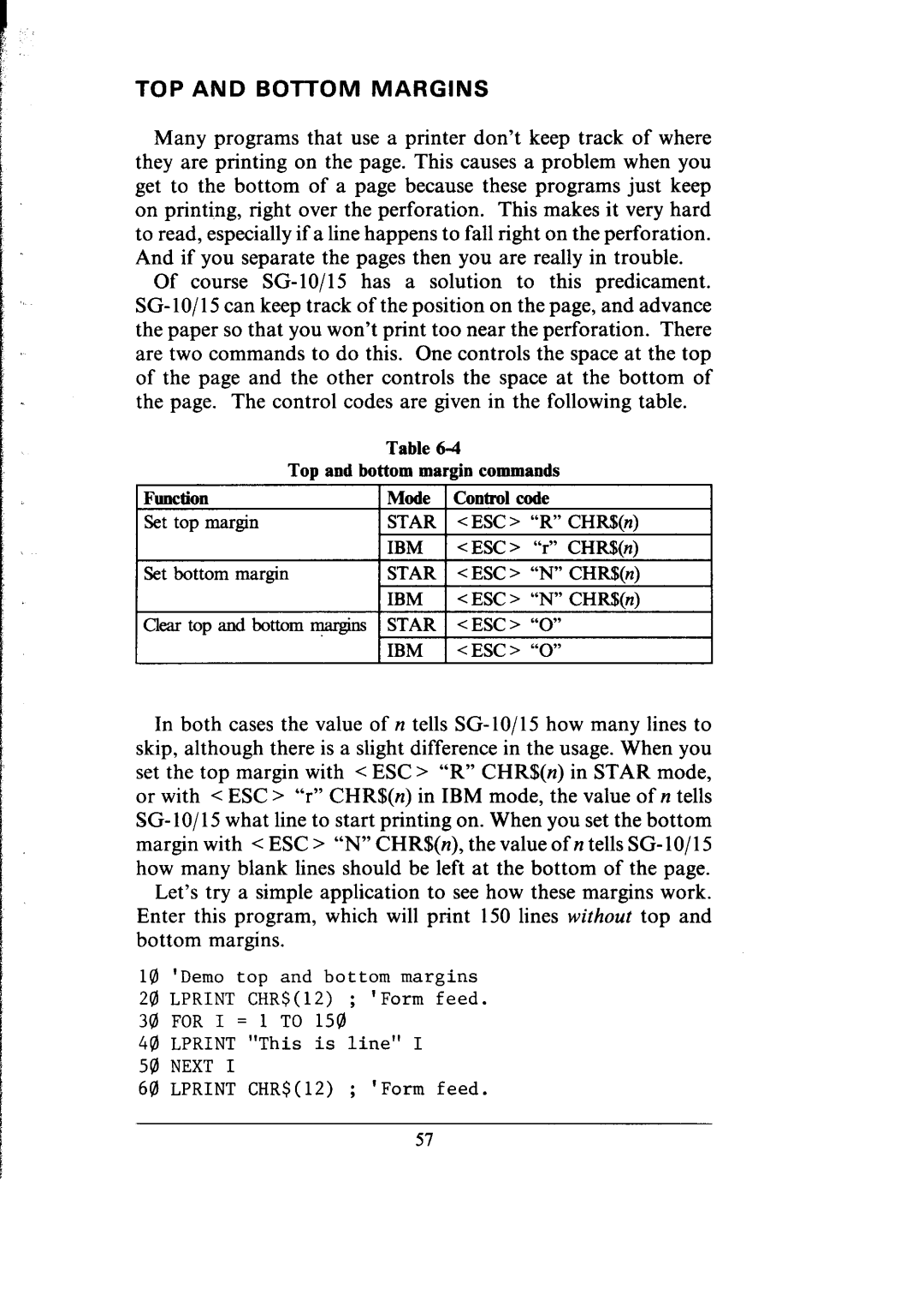 Star Micronics SG-10, SG-15 user manual TOP and Bottom Margins 