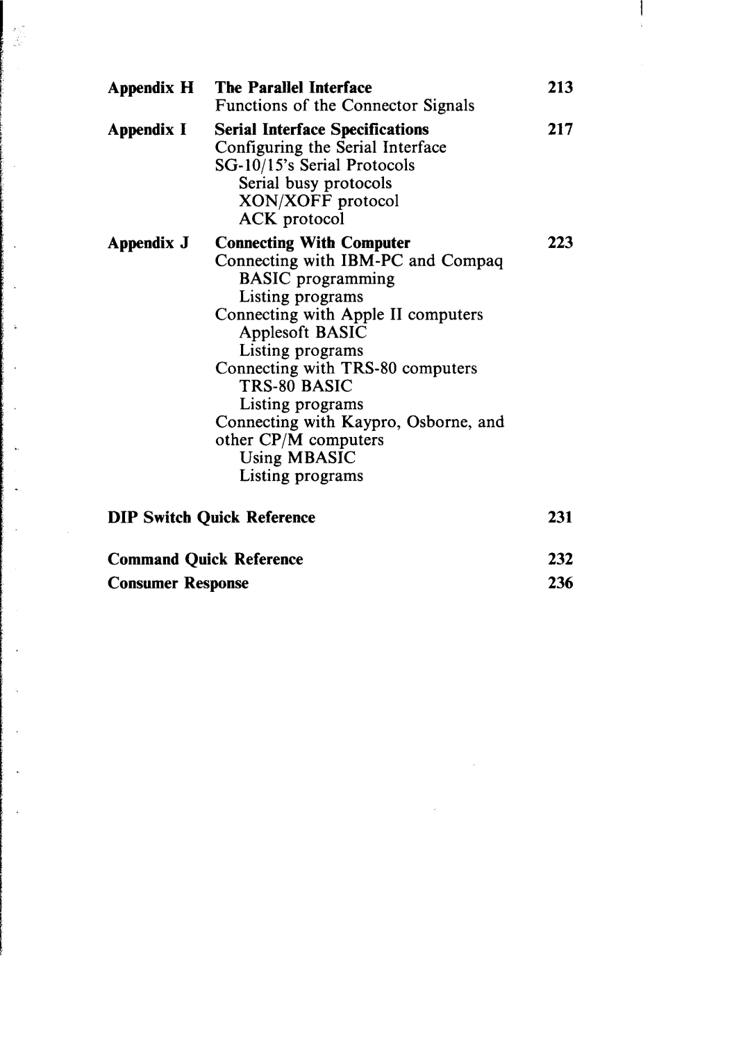 Star Micronics SG-10, SG-15 Functions of the Connector Signals, Serial busy protocols XON/XOFF protocol ACK protocol, 223 