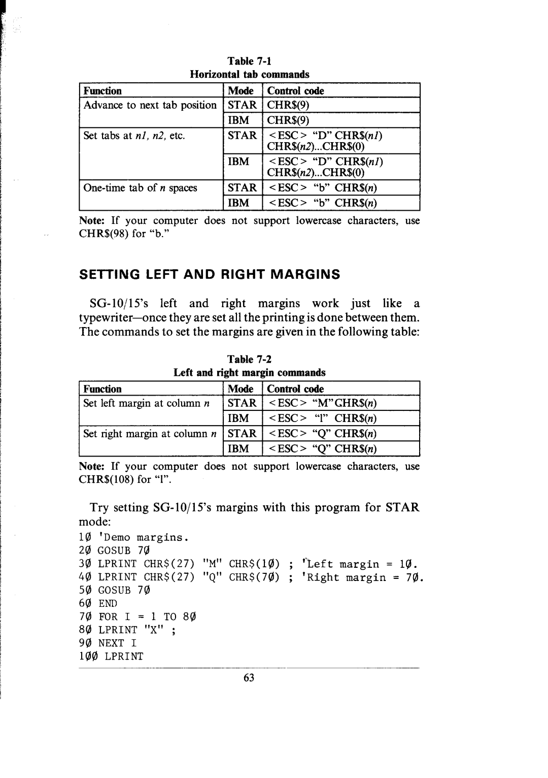 Star Micronics SG-10, SG-15 Setting Left and Right Margins, Horizontal tab commands 1Function 1Mode 1Control code 