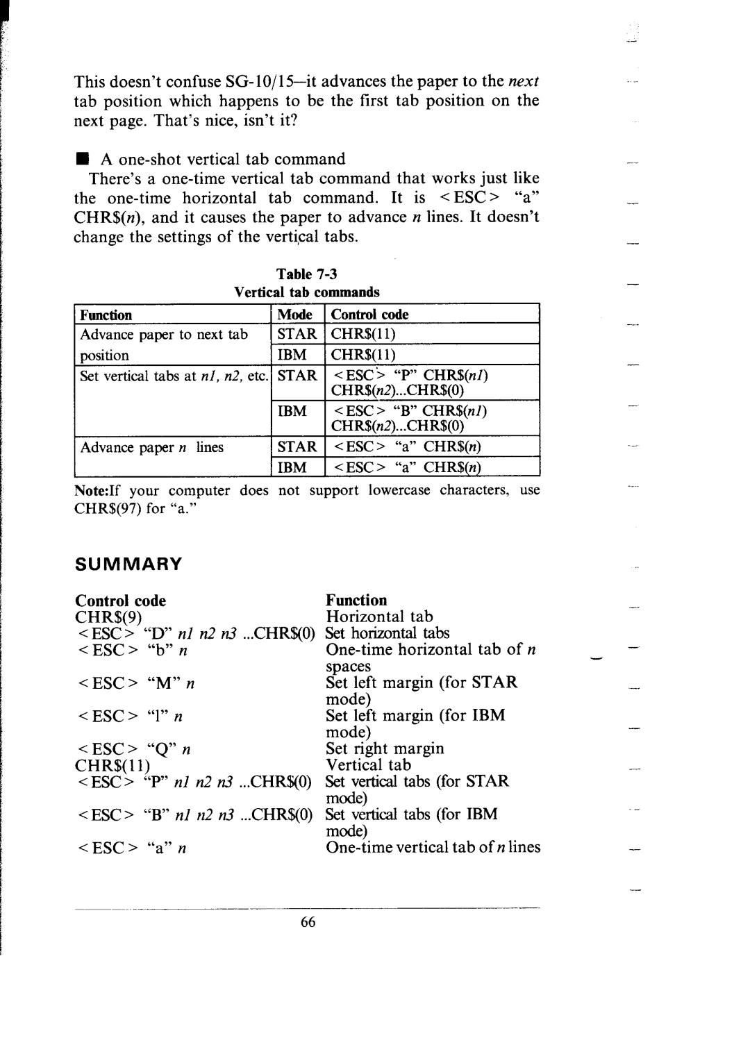 Star Micronics SG-15, SG-10 user manual Control code Function, Mode ESC Set left margin For 