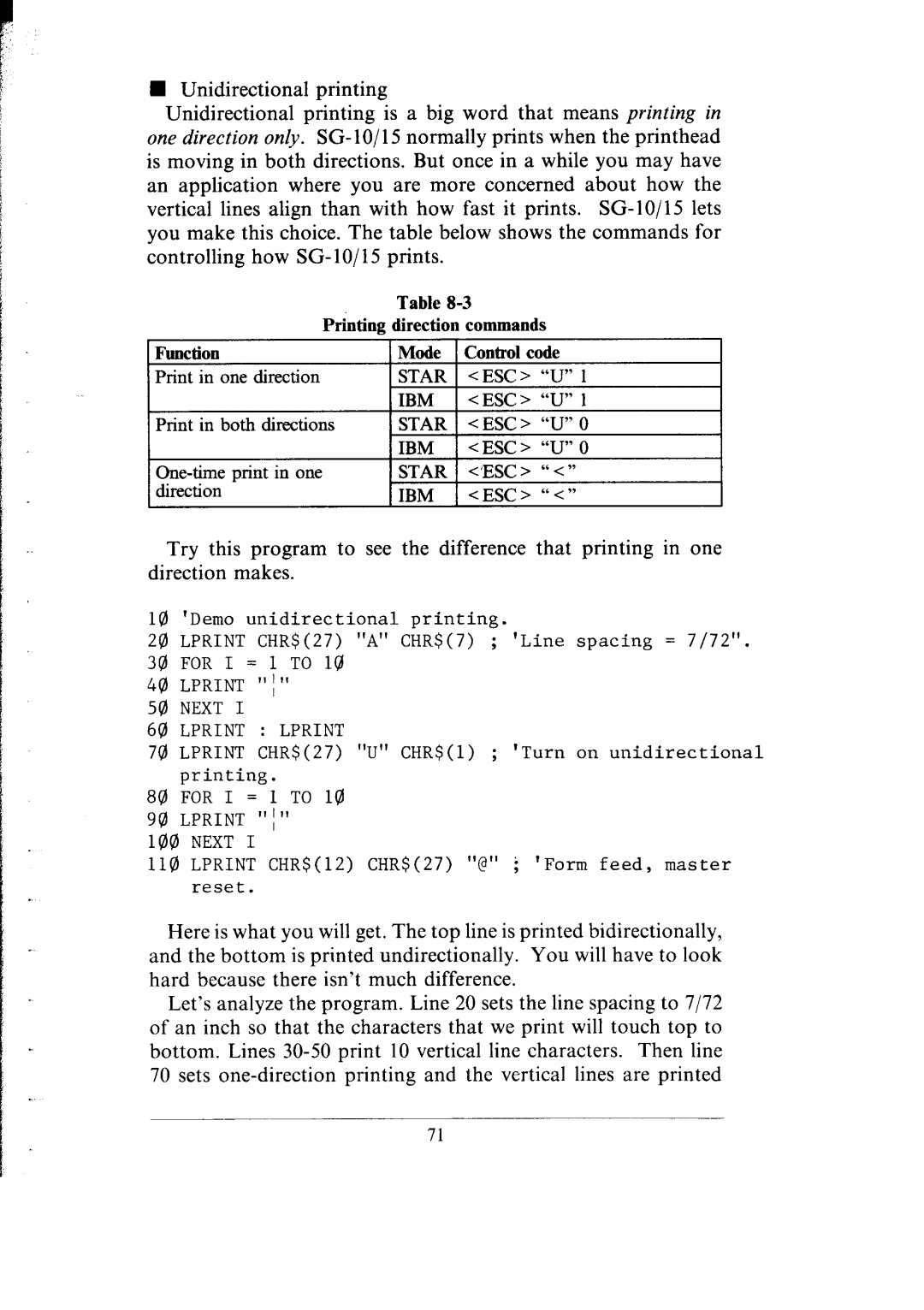 Star Micronics SG-10, SG-15 user manual One-time print in one, ‘ESC Direction 