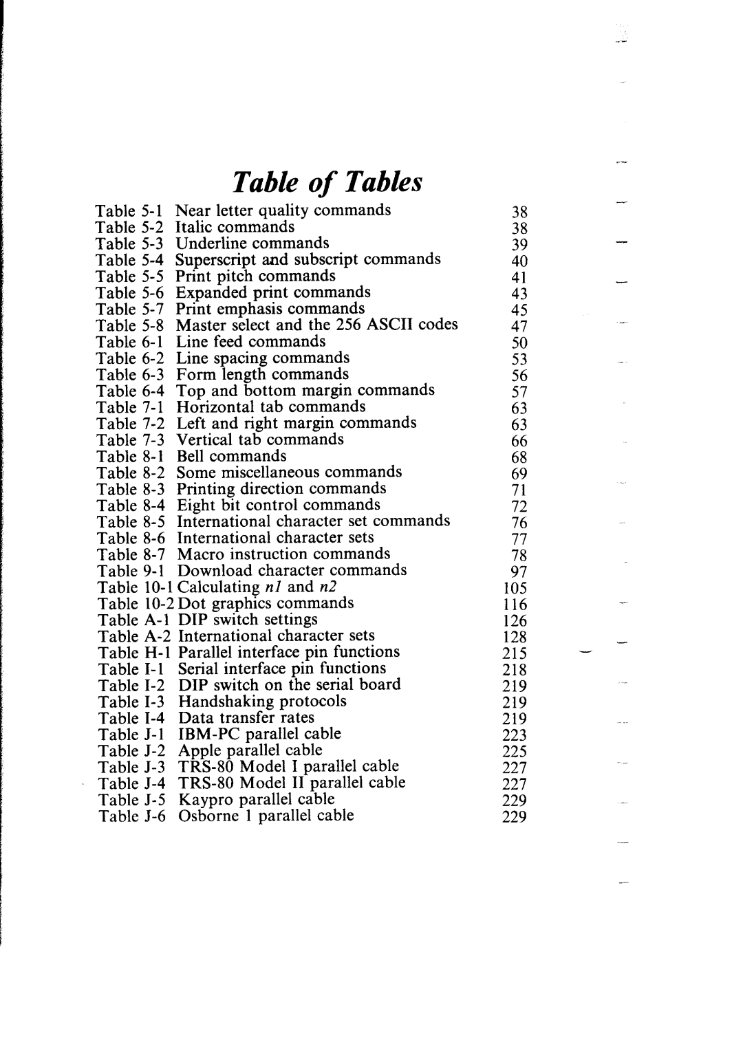 Star Micronics SG-15, SG-10 user manual Table of Tables 