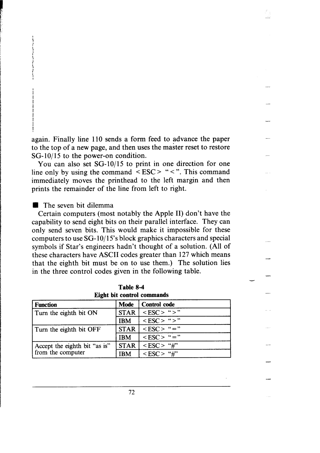 Star Micronics SG-15, SG-10 user manual Eight bit control commands 