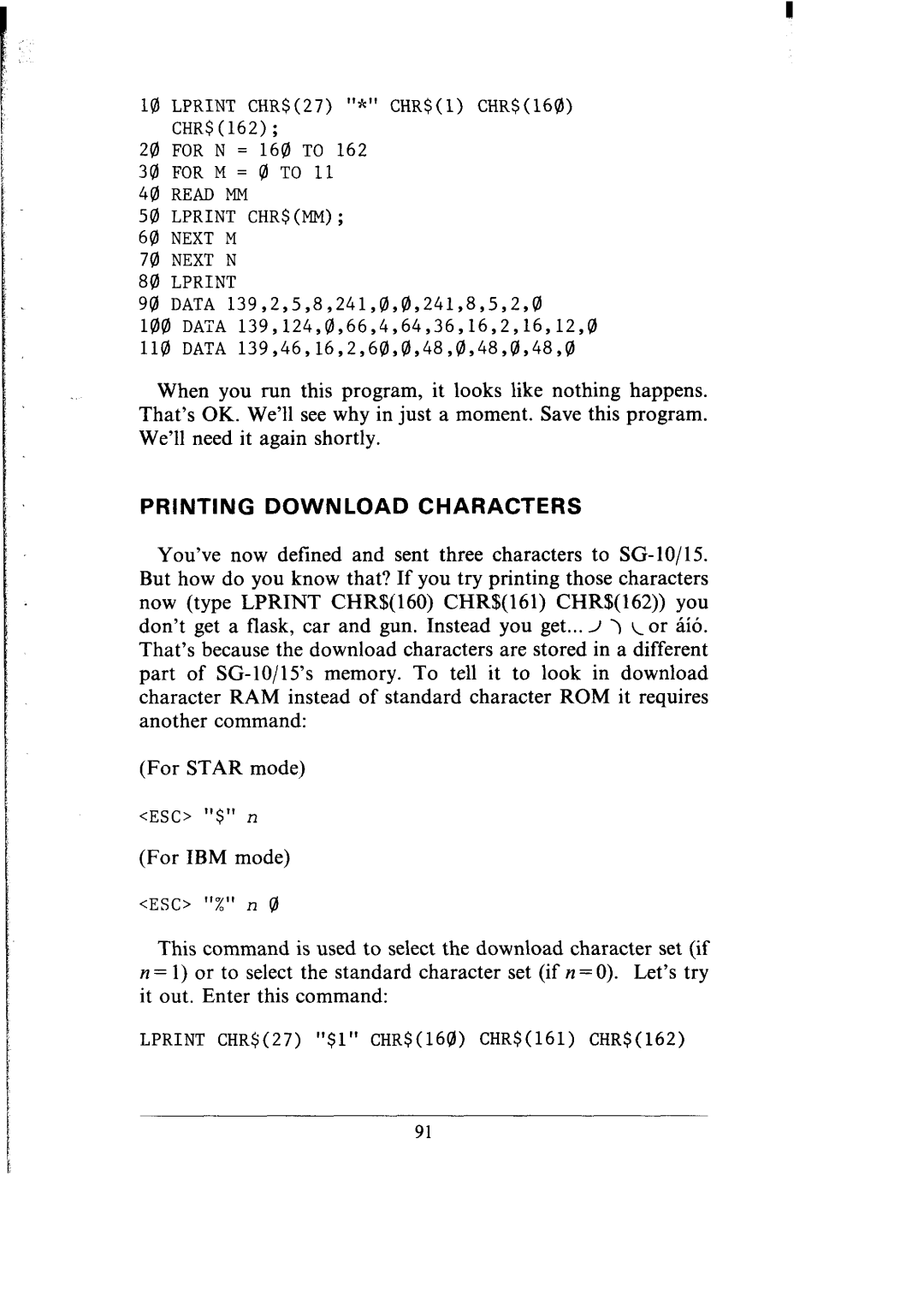 Star Micronics SG-10, SG-15 user manual Printing Download Characters, Read MM Lprint CHR$MM Next M Next N 