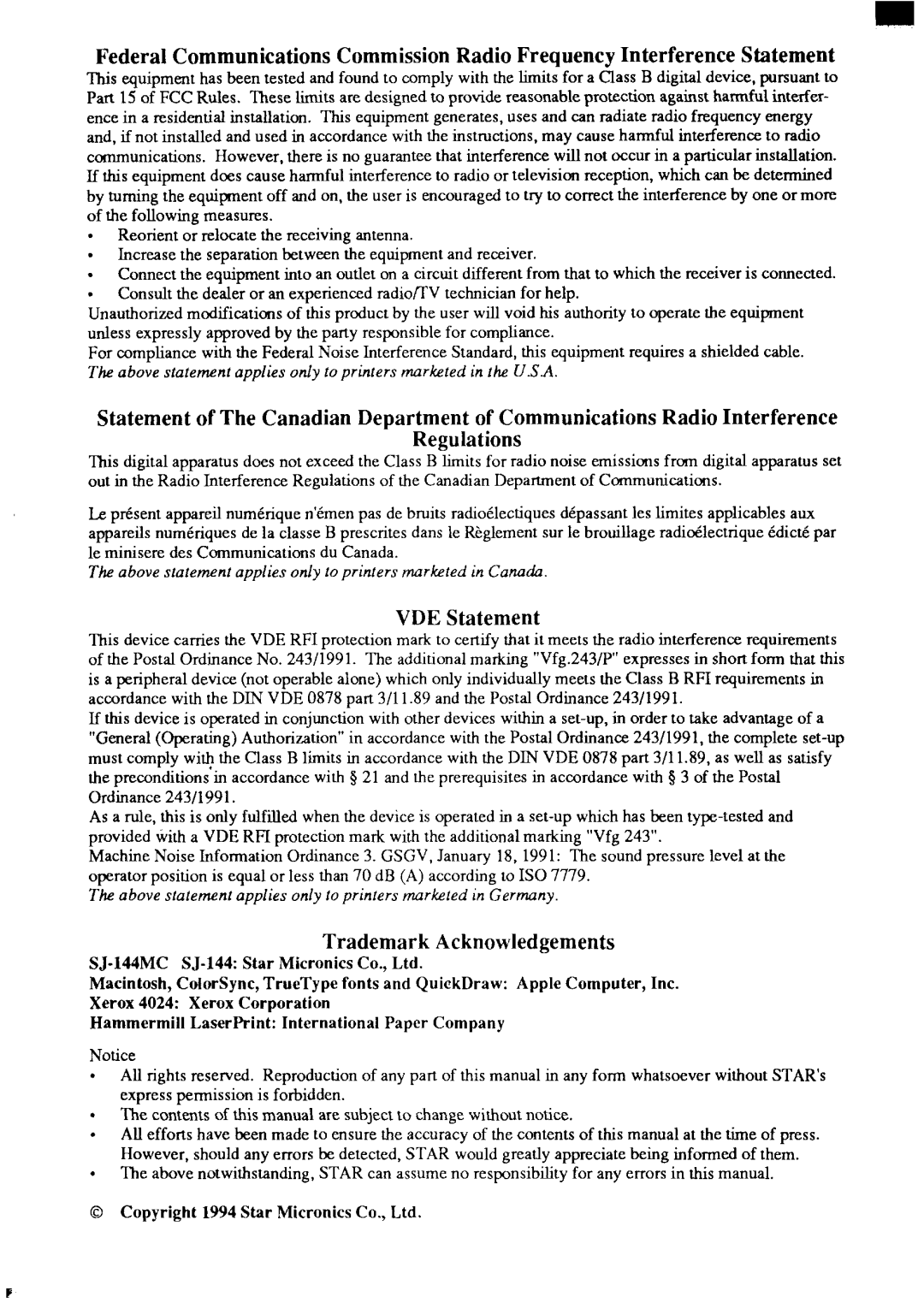 Star Micronics SJ-144MC user manual Regulations, VDE Statement, Trademark Acknowledgements, Xerox 4024 Xerox Corporation 