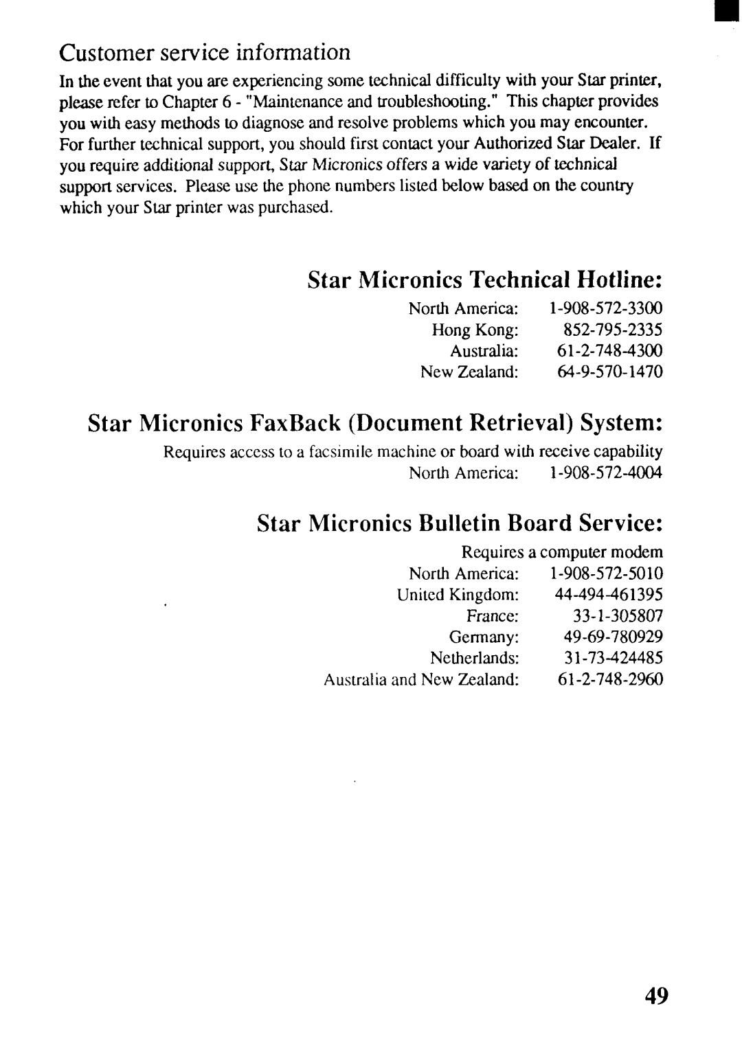 Star Micronics SJ-144MC user manual Customer service information, Star Micronics Technical Hotline 