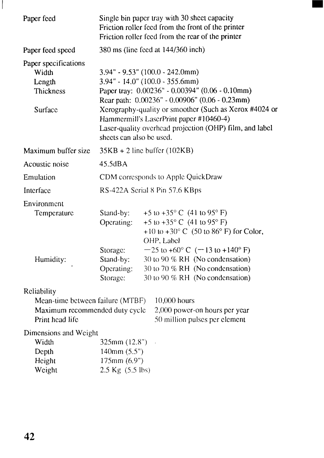 Star Micronics SJ-144MC user manual Hammcrmill’sLascrPrintpaper#l, Laser-qualityoverheadprojectionOHPfilm,and label 