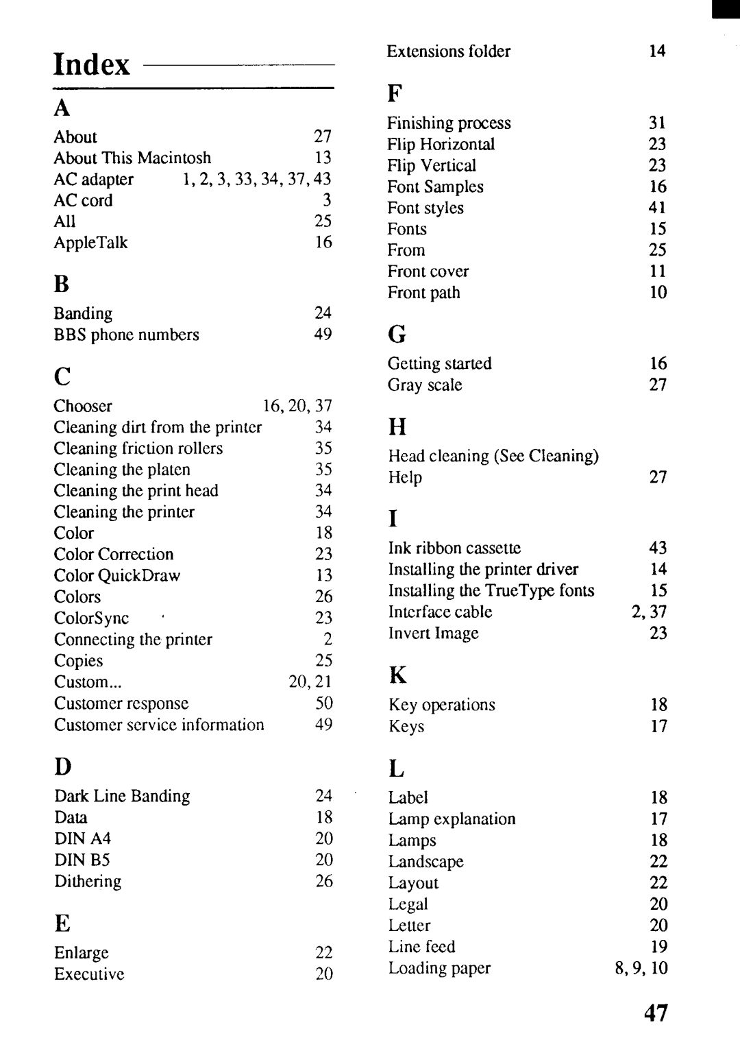 Star Micronics SJ-144MC user manual Index, Lamps 