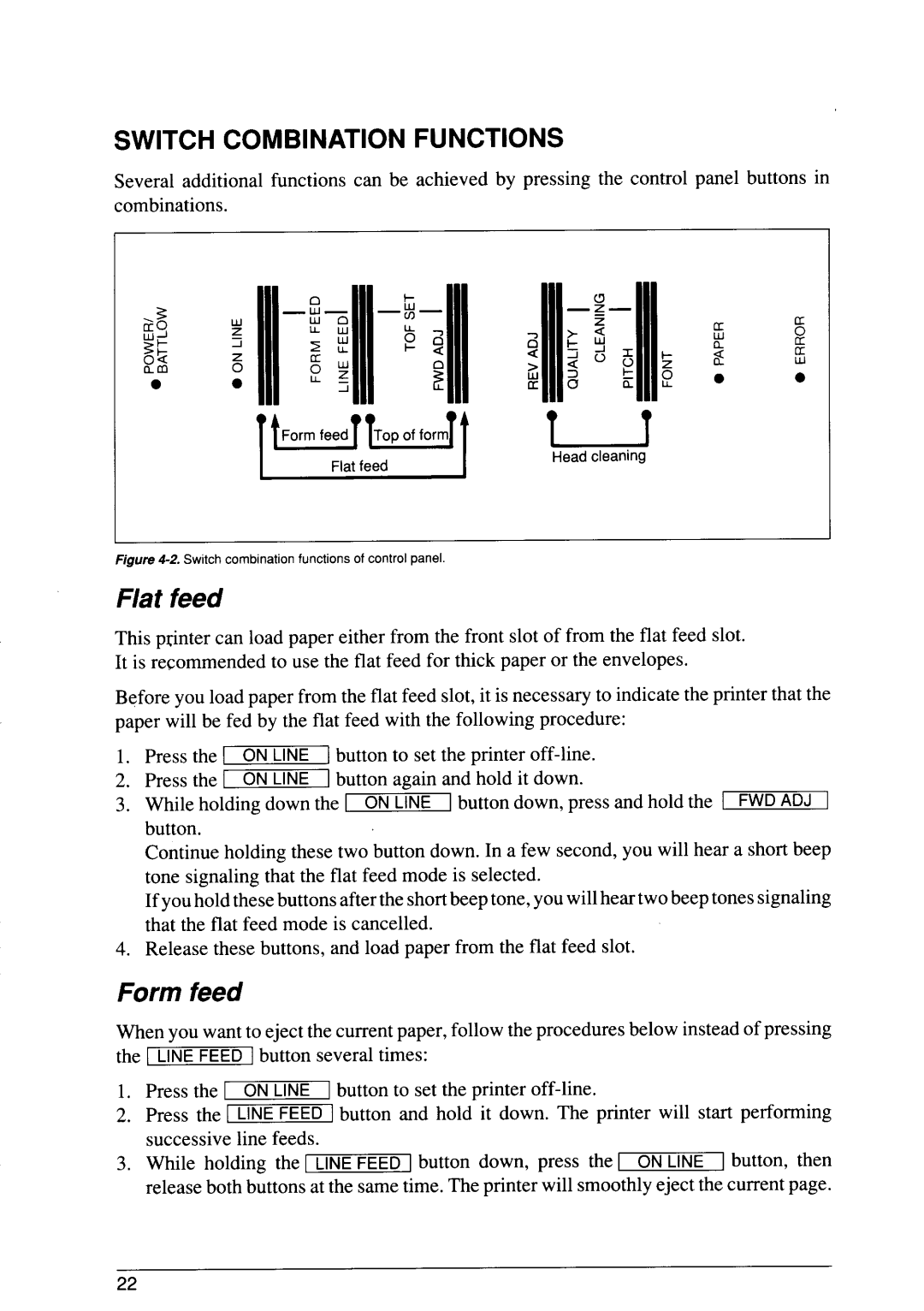 Star Micronics SJ-48 manual Switch Combination Functions, Flat feed, Form feed 