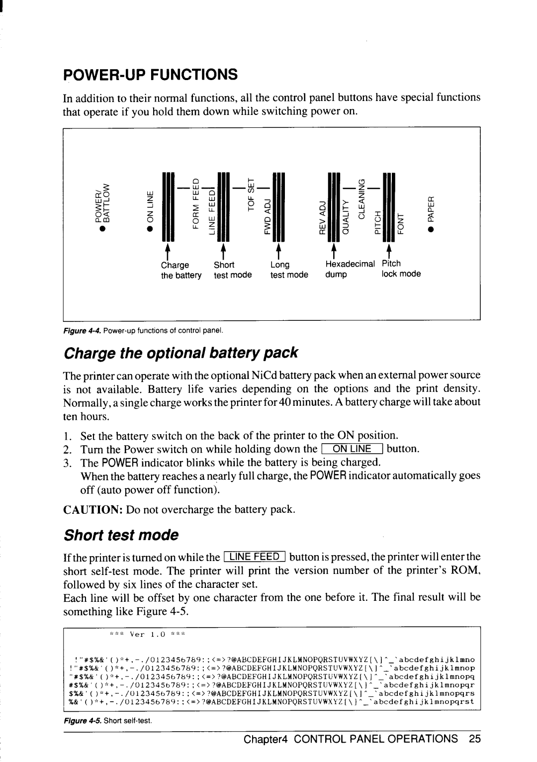 Star Micronics SJ-48 manual POWER-UP Functions, Charge the optional battery pack, Short test mode 