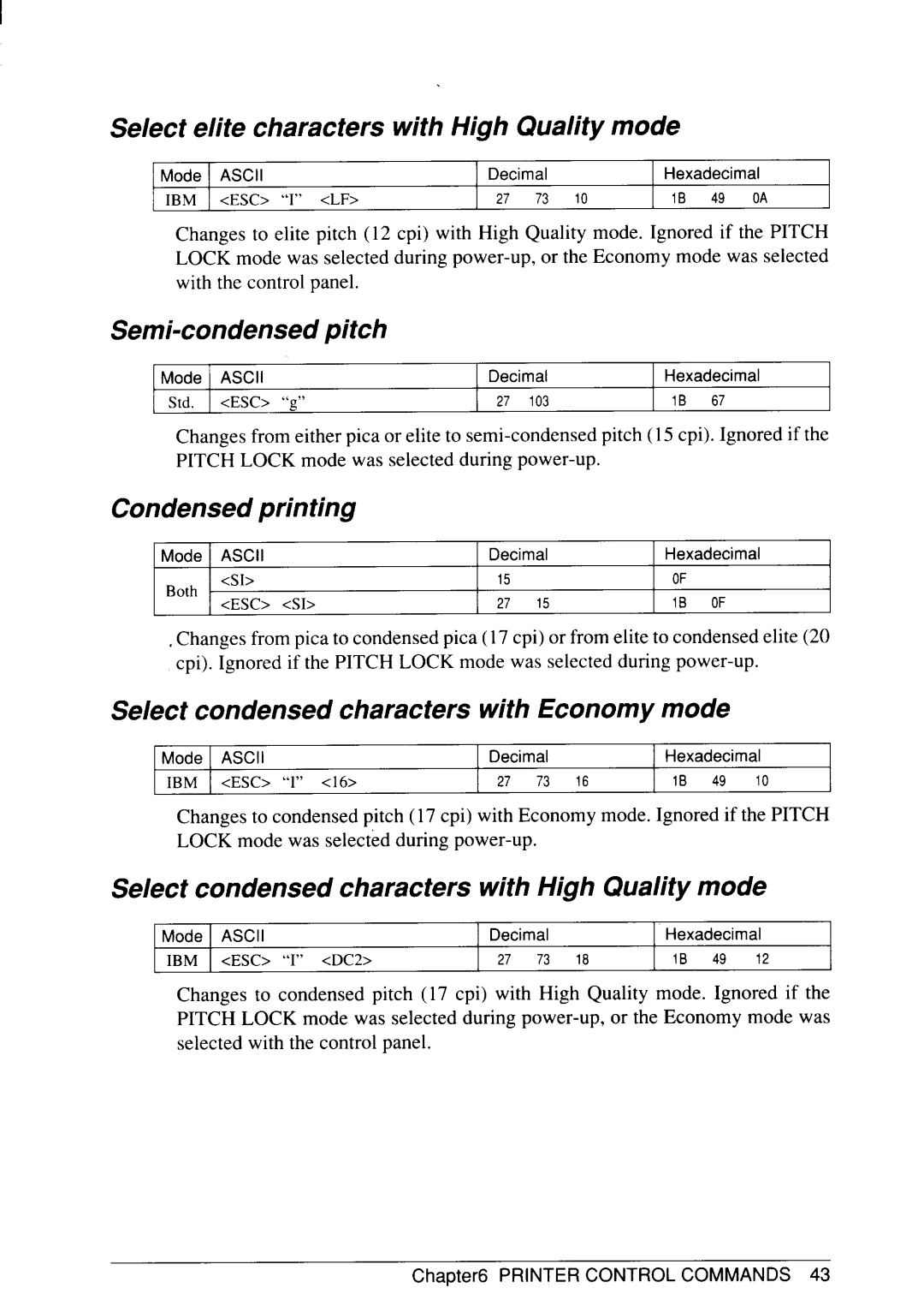 Star Micronics SJ-48 manual Select elite characters with High Quality mode, Semi-condensed pitch, Condensed printing 