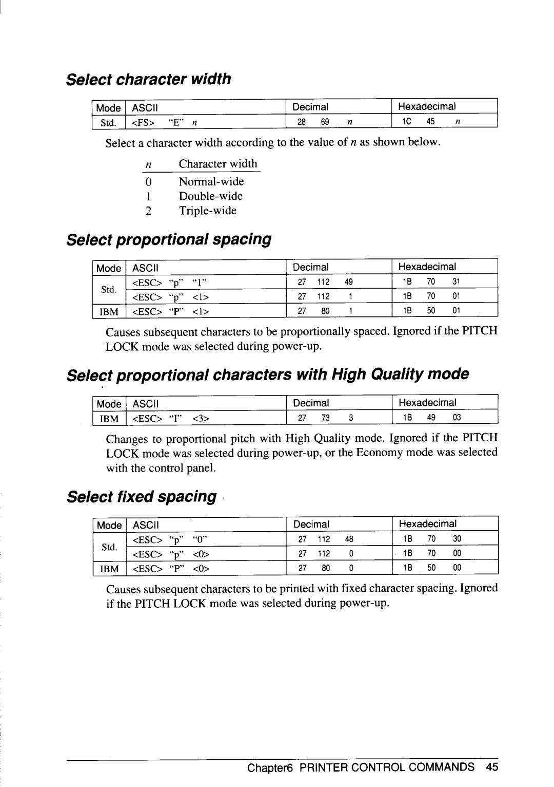 Star Micronics SJ-48 manual Select character width, Select proportional spacing, Select fixed spacing 