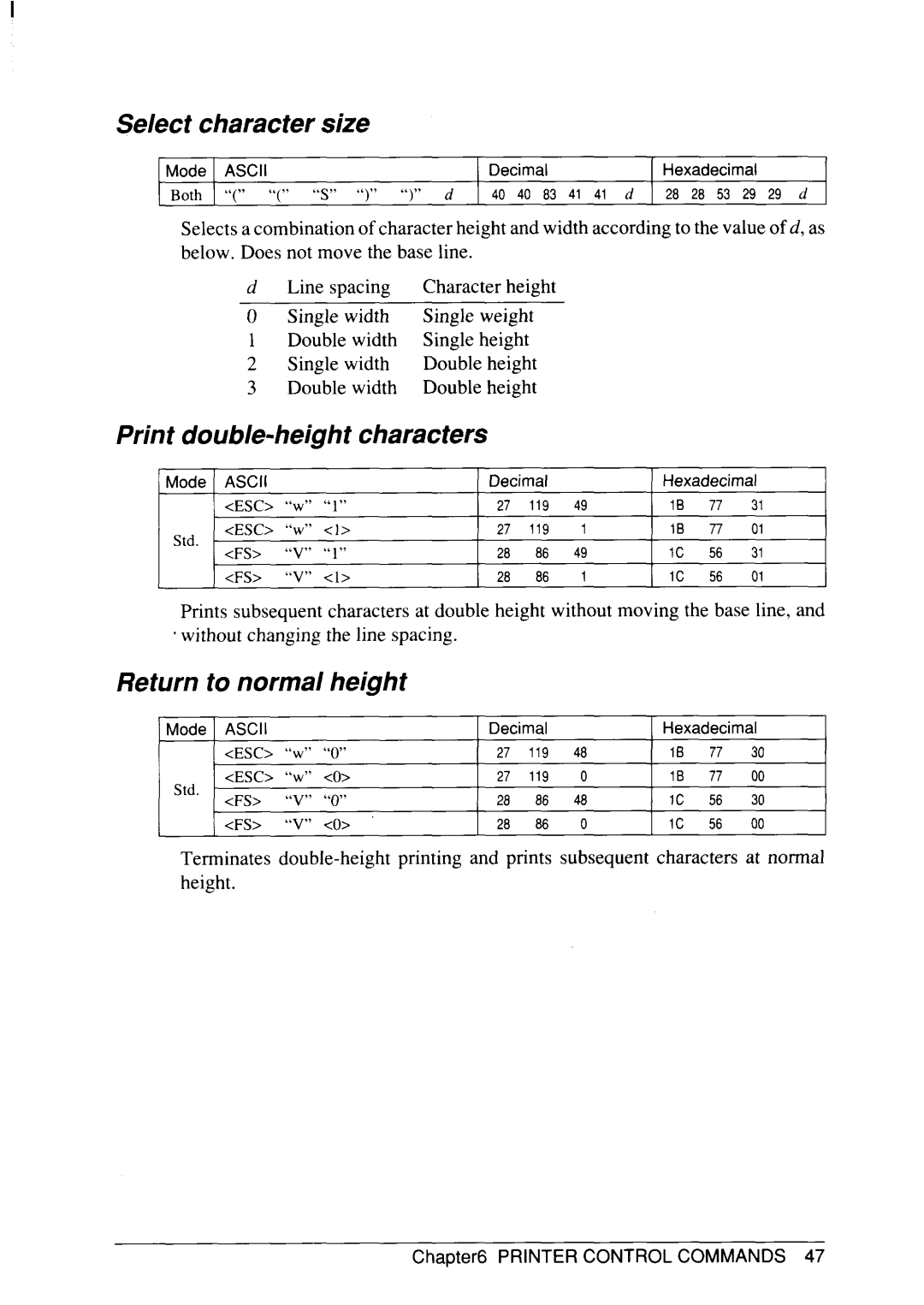 Star Micronics SJ-48 manual Select character size, Print double-height characters, Return to normal height 