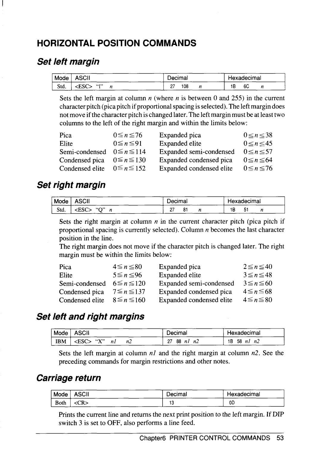 Star Micronics SJ-48 manual Horizontal Position Commands, Set left margin, Set right margin, Set left and right margjns 