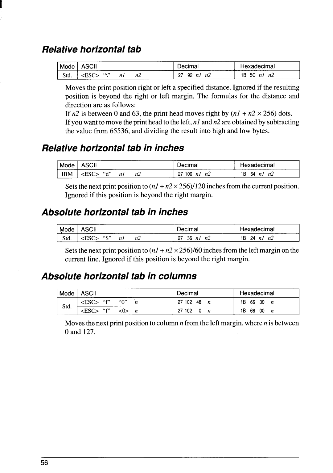 Star Micronics SJ-48 manual Relative horizontal tab in inches, Absolute horizontal tab in inches 