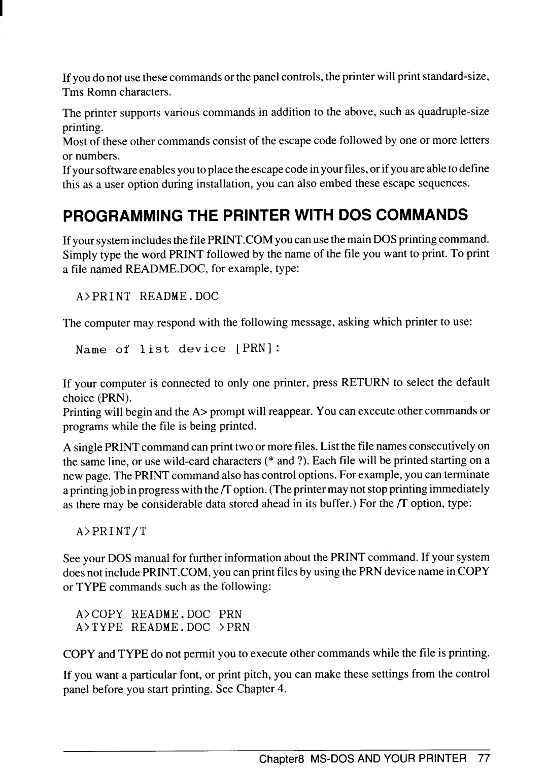 Star Micronics SJ-48 manual Programming the Printer with DOS Commands, Aprint README. DOC 