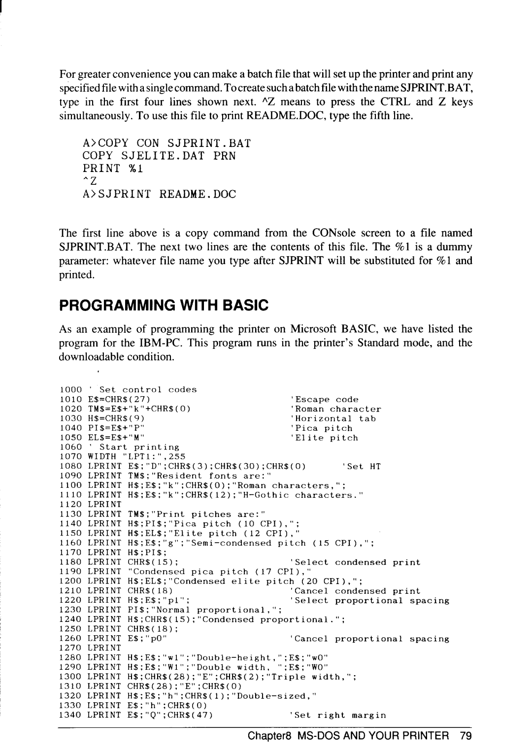 Star Micronics SJ-48 manual Programming with Basic, MS-DOS Andyourprinter 