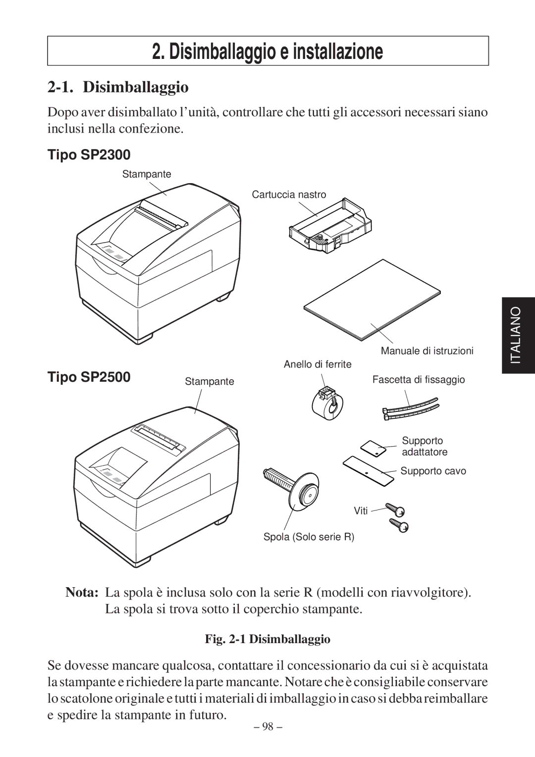 Star Micronics SP2000 Series user manual Disimballaggio e installazione 