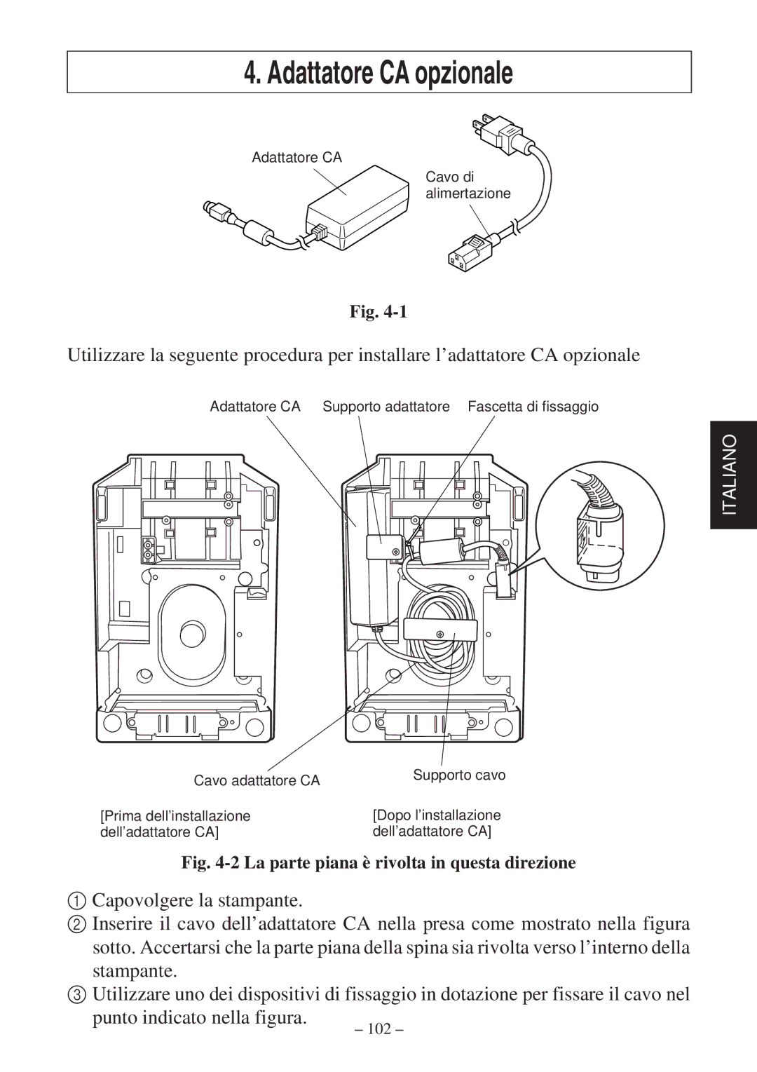 Star Micronics SP2000 Series user manual Adattatore CA opzionale, La parte piana è rivolta in questa direzione 